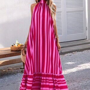 Pink Striped Casual Women's tie halter neck ruffled hem maxi Dress